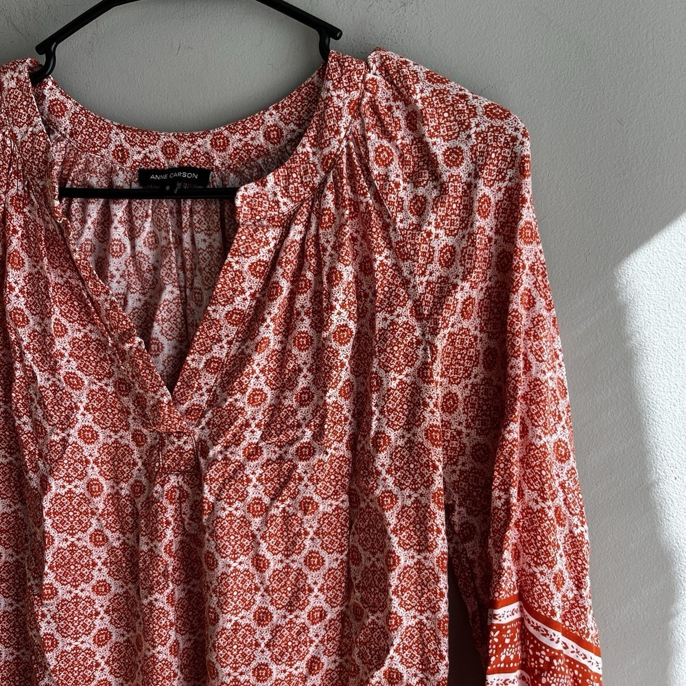 Anne Carson 3/4 Sleeve Blouse Top Women's Size S Orange White Floral V-Neck - Picture 5 of 6
